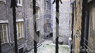 Lone and Empty Courtyard of old Houses in the Harbor City of Rijeka, Croatia Stock Photo