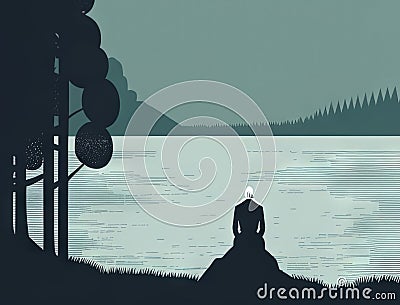 A lone figure sitting by a lake and looking off into the distance with contempt. Art concept. AI generation Stock Photo