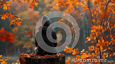A lone figure sitting on a tree stump back facing the camera as they admire the vibrant colors of the autumn foliage Stock Photo