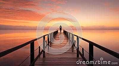 Lone figure standing on a long pier wooden at sunset Stock Photo
