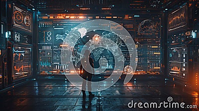A Futuristic Hacker Observing Global Data On Multiple Screens Stock Photo