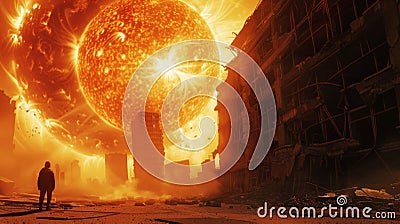 A lone figure stands in front of a crumbling building staring up in awe and dread as a solar flare threatens to consume Stock Photo