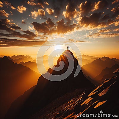 Man stands on mountain path with glorious sunset Stock Photo