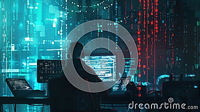 A lone hacker in a dark hoodie interacts with multiple screens, immersed in a world of matrix-like digital code during a Stock Photo