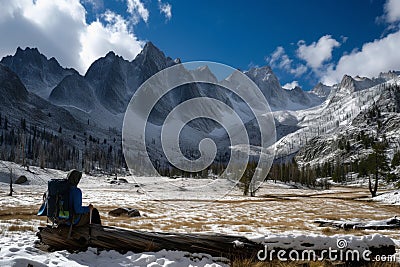 lone hiker taking a break on a log, snowcovered mountains behind Stock Photo