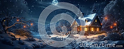 Lone house and road in winter forest at Christmas night, landscape with chalet, decorations and snow. Wide banner of cottage and Stock Photo