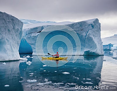 A lone kayaker among huge Arctic icebergs. Stock Photo