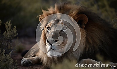 The lone lion lies in wait for prey Creating using generative AI tools Stock Photo