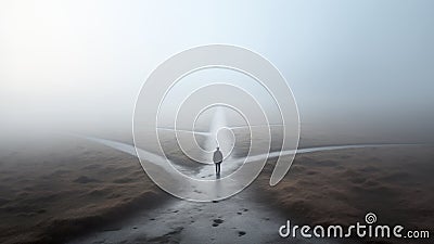 Lone man at a fog-shrouded crossroads, contemplating multiple paths Stock Photo