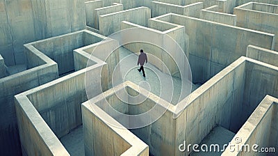 Lone man walks inside concrete maze, lost person searching for way out of strange surreal labyrinth. Concept of problem, Stock Photo