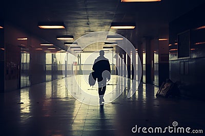 A lone mans silhouette walks through a desolate, echoing hallway Stock Photo