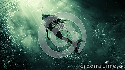 A lone mermaid bravely dives deep into the abyss her heart racing as she ventures into unknown territory. The eerie Stock Photo