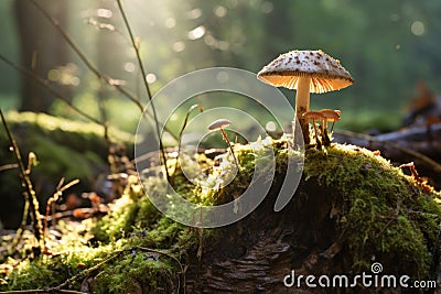 a lone mushroom growing out of a tree stump in a sunlit clearing Stock Photo