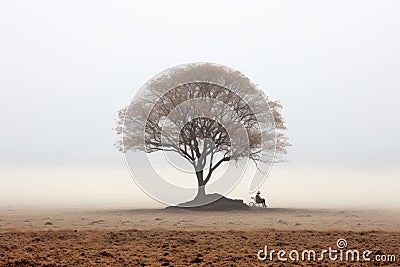 a lone person riding a horse under a tree in a foggy field Stock Photo