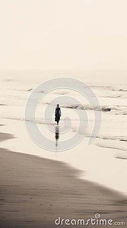 A lone person walking along the beach in the fog, AI Stock Photo