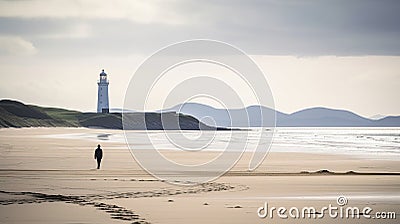 Lone person walking along a beach shoreline toward a lighthouse. Coast with hazy morning light and waves. Stock Photo