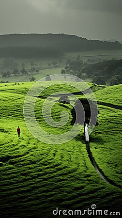 A lone person walks through a green field. Generative AI image. Stock Photo