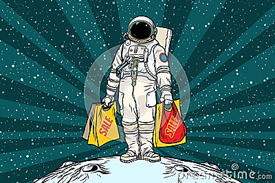 Lone retro astronaut with a sale shopping bags Vector Illustration