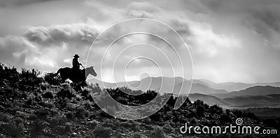 One cowboy horse Ridge Rider Silhouetted Stock Photo