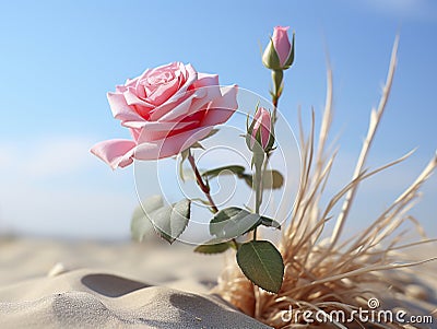 A lone rose blooms in delicate pink hues amidst the arid desert landscape. Stock Photo