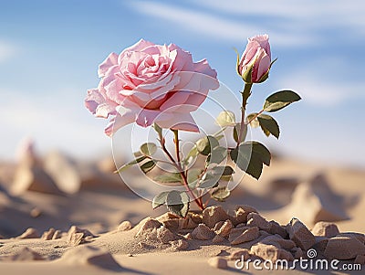 A lone rose blooms in delicate pink hues amidst the arid desert landscape. Stock Photo