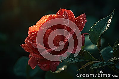 A lone rose in a serene garden. Its delicate petals display a deep shade of red, while dewdrops sparkle in the dawn lig Stock Photo