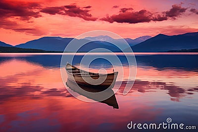 a lone sailboat on a lake, mountains in the background bathed in sunset hues Stock Photo