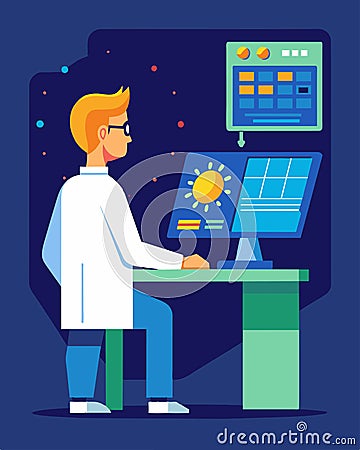 A lone scientist carefully monitors a complex set of data on a computer screen making sure every aspect of the solar Vector Illustration