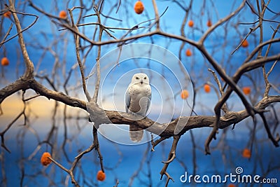 lone snowy owl staring from willow branch at dusk Stock Photo