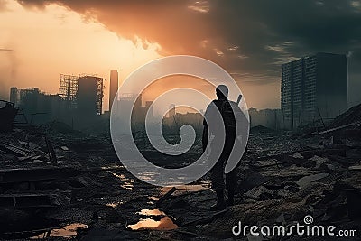 Lone Soldier Walking In Destroyed City Stock Photo