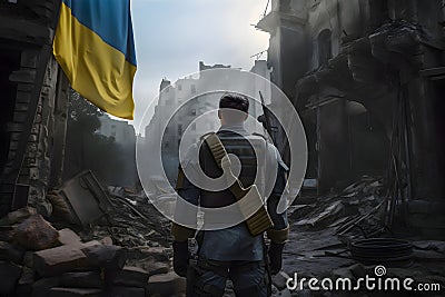 A lone soldier walks through the war-torn city between destroyed buildings, Ukrainian flag on the house, Generative AI 1 Stock Photo