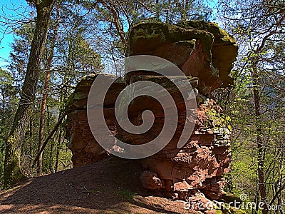 Lone standing rocks with red sandstone surrounded by mainly deciduous trees with green leaves in spring near Annweiler, Germany. Stock Photo