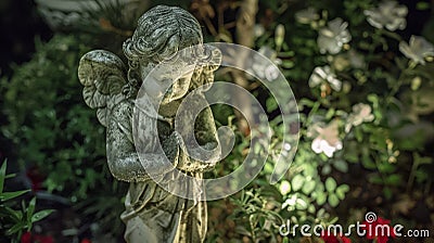 A lone statue of a cherub adorned with fragrant flower garlands stands as a symbol of the peacefulness that envelops the Stock Photo