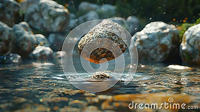 A lone stone suspended in midair above a crystalclear stream seemingly defying gravity. The image reflects the inner Stock Photo