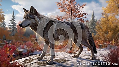 A lone Timber wolf or Grey Wolf (Canis lupus) standing in autumn and winter. Generative AI Stock Photo