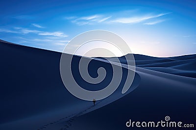 Lone traveler in a desolate landscape amidst swirling sand dunes Stock Photo
