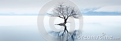Lone tree on frozen river in winter, wide banner of snowy lake and sky, minimalist landscape of peaceful nature for background. Stock Photo