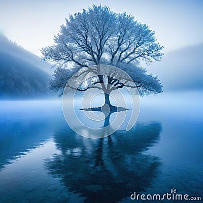 lone tree in the middle of lake with fog in ther and mountain in the Cartoon Illustration