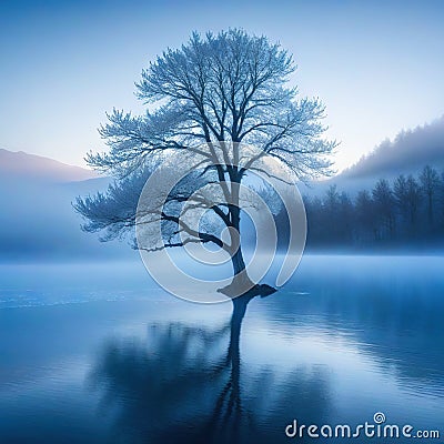 lone tree in the middle of lake with fog in ther and mountain in the Cartoon Illustration