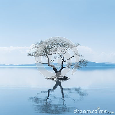 a lone tree in the middle of a large body of water Stock Photo