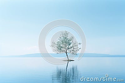 a lone tree is standing on a small island in the middle of a large body of water Stock Photo