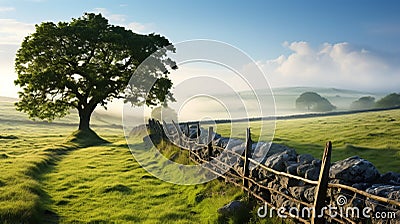 Misty Morning: Stone Wall, Fence, And Lone Tree In English Countryside Stock Photo