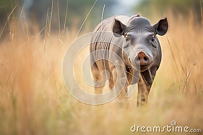 lone warthog walking through tall grass Stock Photo