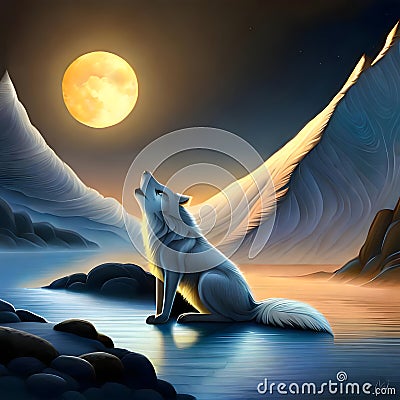 Wolf howling at the moon illustration - ai generated image Cartoon Illustration