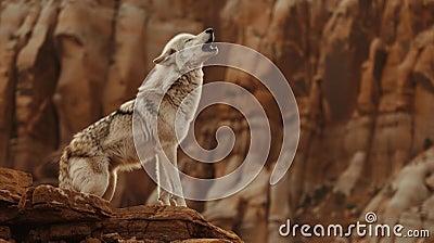 A lone wolf howling at the moon its mournful cries echoing through the canyon. Stock Photo