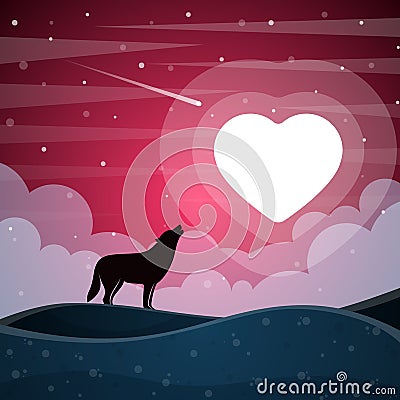 Lone wolf howls to the moon. Vector Illustration