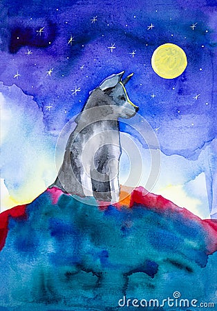 A lone wolf sits on top of a mountain in the light of a full moon and a clear starry sky. Watercolor illustration Cartoon Illustration