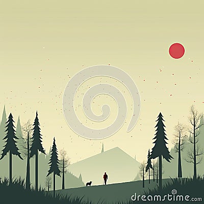 Cheerful Minimalist Graphic Design: Man Walking With Dog In Woods Stock Photo