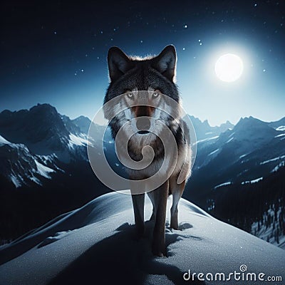 Lone wolf stands on mountain ridge, with snow and full moon Stock Photo