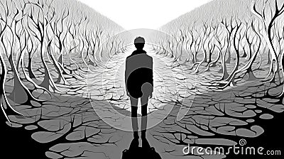 Loneliness. Lonely human figure on the abstract landscape background Stock Photo